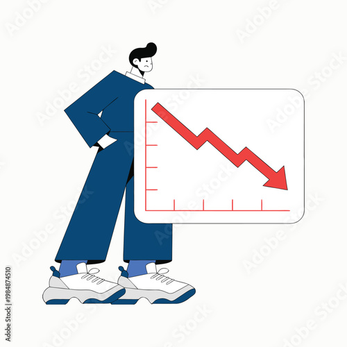 Businessman feeling stressed by a falling red market graph representing financial loss in corporate business