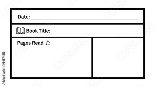 Reading Journal Entry: A minimalist, clean journal layout provides dedicated spaces for capturing the date, book title, and pages read, along with a notes section, ideal for recording thoughts.