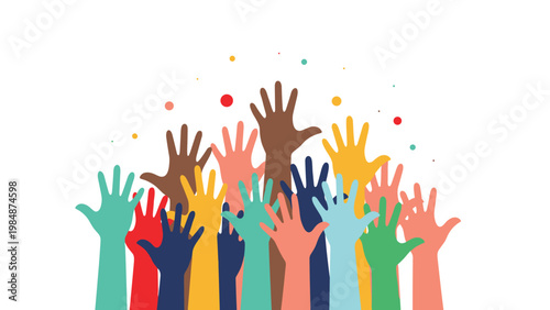 Many diverse colorful hands raised in the air representing unity, community support, volunteering, and collective participation.