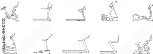Gym equipment set, treadmill set, line icon set, exercise, cardio, cycling, fitness, workout, editable stroke, vector, illustration