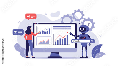 Professional woman and a robot analyzing business data charts together on a computer screen representing artificial intelligence collaboration.
