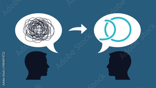 Two human profile silhouettes with speech bubbles showing disorganized versus clear thoughts representing effective therapy and mental clarity.