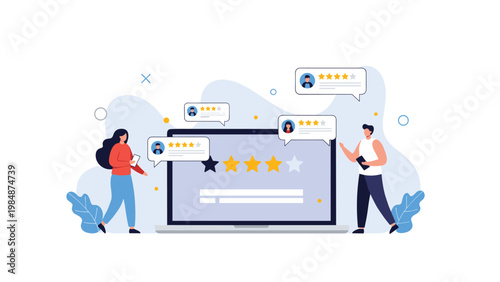 Team of professionals evaluates customer feedback and star ratings displayed on a large laptop computer monitor screen.