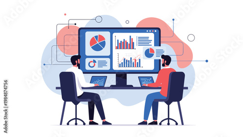 Team of two analysts sit at a desk and evaluate diverse business charts and graphs on a large central computer monitor.