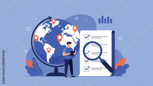 Man inspects a global task list using a magnifying glass next to a large globe with multiple location pins on it.