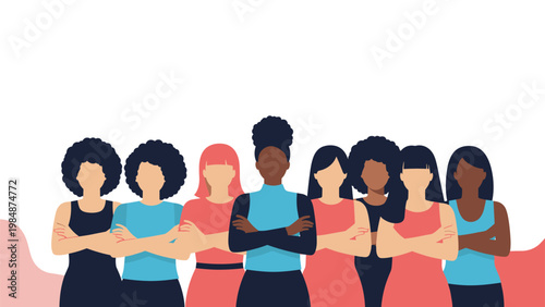 Diverse group of women standing together with crossed arms representing female empowerment and international womens day celebration.