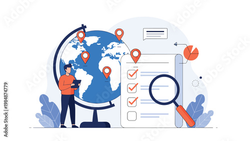 Global business logistics and world travel planning represented by a man checking a list next to a desk globe with location pins.