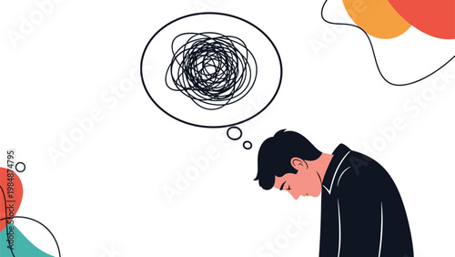 Sad man looking down with a tangled thought bubble representing depression, mental stress, and psychological challenges.