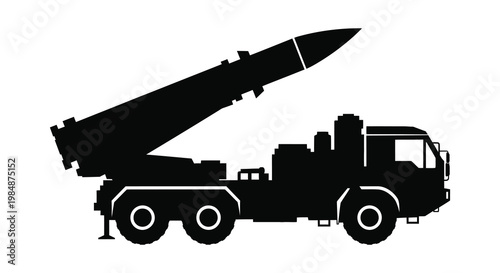 A stark black silhouette depicts a military missile launcher mounted on a truck showcasing powerful defense technology silhouette high quality professional