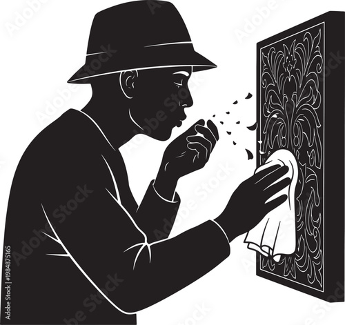 Man Sniffing Flower in Front of Ornate Mirror