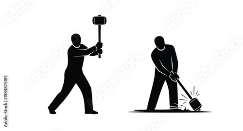 Two men with hammers one striking the ground on transparent background silhouette