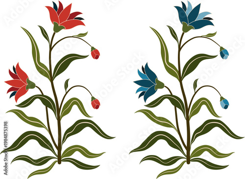 Vector Hand drawn colourful geometric flowers Motifs African boho floral design for fabric Ethnic Indian Pattern, textiles, clothing, wrapping paper, backdrop, banner.
