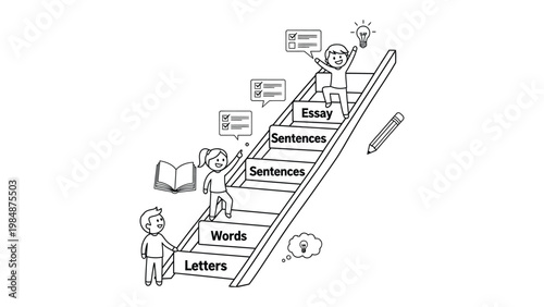 Ascending the Learning Ladder: A whimsical illustration depicts the climb from letters to essay writing, symbolizing the journey of education and skill development.