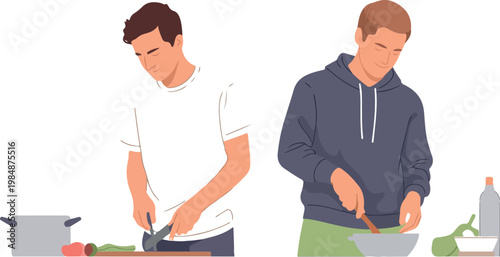 Young men working together in kitchen preparing salad and cooking meal with fresh organic garden vegetables