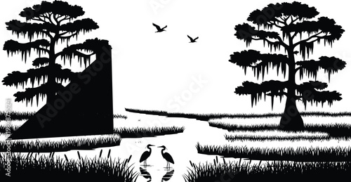 Swamp landscape silhouette, herons in wetland scene, cypress trees with Spanish moss, flying birds, tranquil marsh ecosystem, flat vector illustration