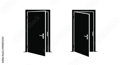 Two black doors one open and one closed on transparent background silhouette