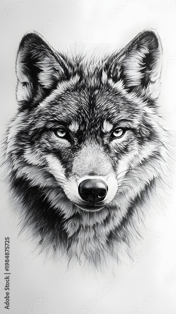 Fototapeta premium Beautiful monochrome wolf portrait with soft pencil shading wallpaper