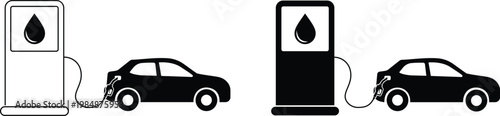 Car refueling fuel pump icon set collection group, petrol gasoline diesel station symbols, vehicle filling dispenser icons, black silhouette and outline line style vector illustration for transport 
