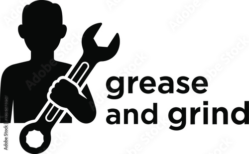 Mechanic silhouette with wrench and text grease and grind