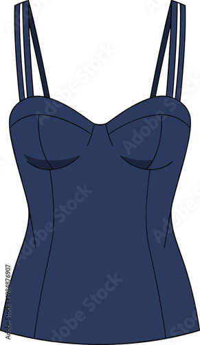 Navy blue fitted camisole top, sweetheart neckline, double straps, structured seams, contouring panels, stylish fashion garment design illustration