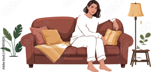 Woman sitting on a couch, comfortable living room scene, relaxing at home, neutral background copy space.