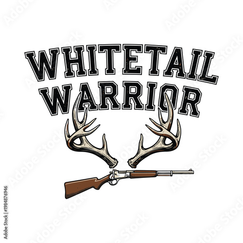 Whitetail Warrior logo with deer antlers and rifle on white background design