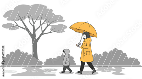 Rainy day walk, adult with umbrella, child in raincoat, wet path, puddles, raindrops falling, family care, flat vector illustration