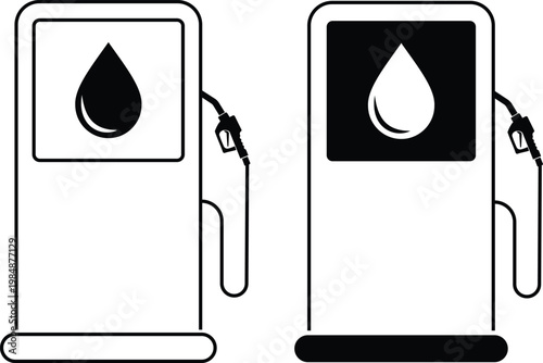 Fuel pump icon set collection group, petrol gasoline diesel dispenser symbols, refueling station equipment icons, black silhouette and outline line style vector illustration for energy transport
