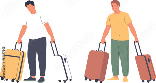 Two men with suitcases, one yellow, one orange, ready for travel, isolated on a transparent background.