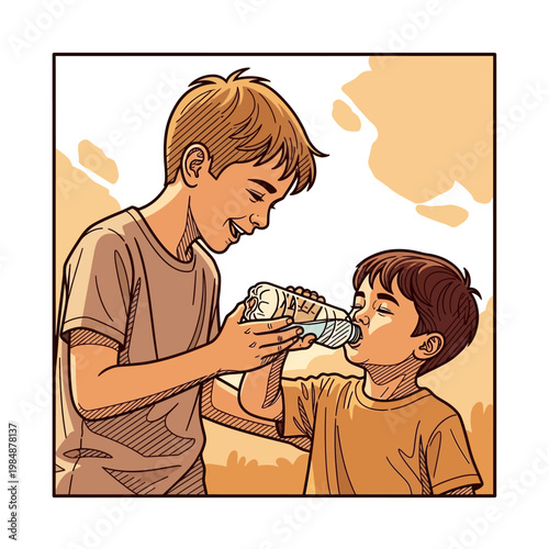 Schilderij op canvas Older brother kindly offers a bottle of water to his younger sibling on a warm day