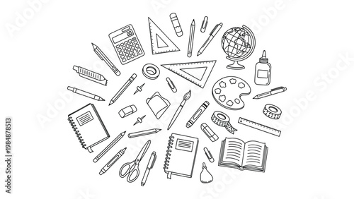 Stationery Essentials: A top-down view of various essential stationery items arranged in a creative cluster, evoking a sense of artistic creativity and educational focus.