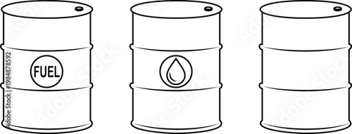 Oil barrel drum icon set collection group, fuel tank container petroleum storage symbols, gasoline diesel energy icons, black silhouette and outline line style vector illustration for industry use