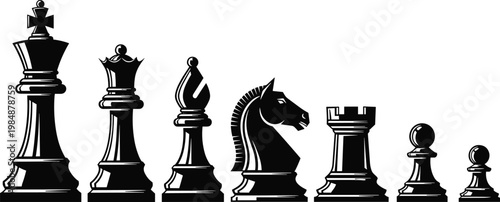 Chess pieces silhouette set with king, queen, bishop, knight, rook, pawn, strategy game icon, competition, intellect, flat vector illustration