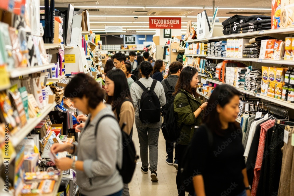 Obraz premium Shoppers navigating crowded supermarket aisle during busy hours