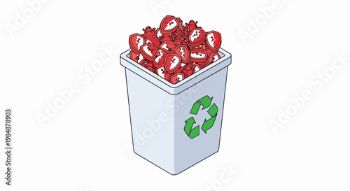 Cybersecurity Concept Illustration of a Recycling Bin Overflowing with Red Malware Bugs and Broken Security Shields