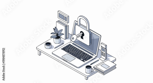 Cyber Security Isometric Illustration: Laptop with Padlock and Key for Digital Data Protection, Privacy, and Network Safety Concept