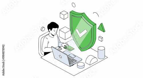 Secure Online Payment and Data Protection Isometric Illustration - Man Shopping Safely with Credit Card and Shield Icon for Cybersecurity Concept