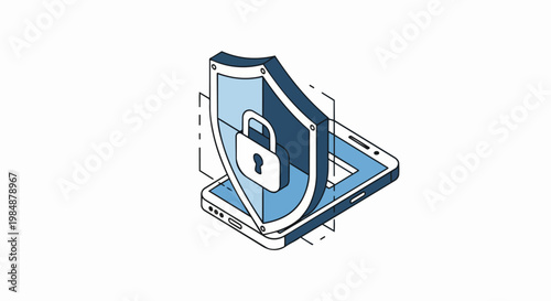 Isometric Mobile Security Illustration - Smartphone with Protection Shield and Padlock Icon for Cybersecurity Concepts