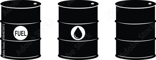 Oil barrel drum icon set collection group, fuel tank container petroleum storage symbols, gasoline diesel energy icons, black silhouette and outline line style vector illustration for industry use