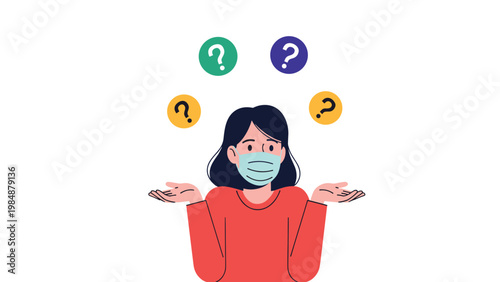 Woman wearing a medical mask looking confused with colorful question marks above her head representing uncertainty during a health crisis.