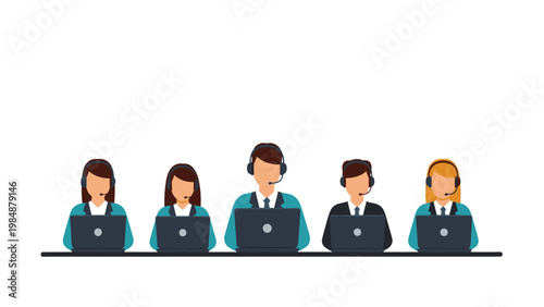 Professional customer service representative team wearing headsets and working on laptops to provide technical support and assistance.