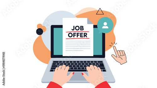 Job offer letter displayed on a laptop screen with a hand clicking the apply button for recruitment, hiring, and career opportunity themes.