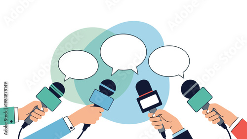 Array of colorful microphones held by invisible reporters for a press conference, interview, or breaking news media event illustration.