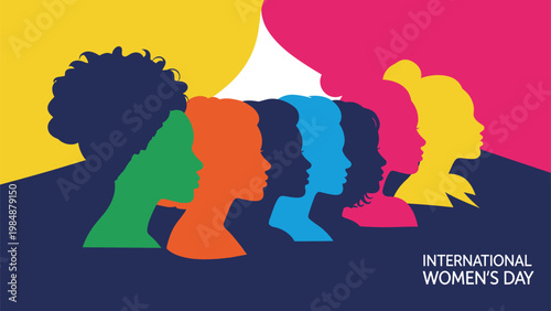 Profile silhouettes of diverse women in vibrant colors standing together to celebrate International Women Day and female solidarity globally.