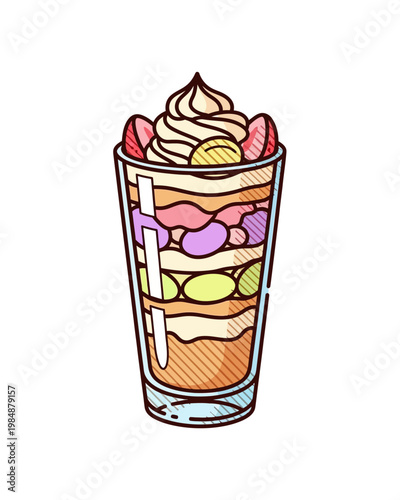 A vibrant, layered dessert parfait in a tall glass, topped with whipped cream, strawberries, and colorful candies.