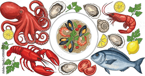 Seafood illustration set with octopus lobster fish oysters shrimp and pasta dish vector isolated on white background