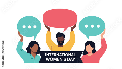 Group of diverse women holding up colorful speech bubbles to celebrate International Women Day and global female empowerment movements.