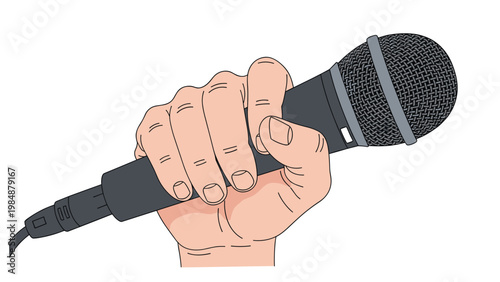 Close up view of a hand firmly holding a professional microphone for public speaking, singing, or media interview performance events.
