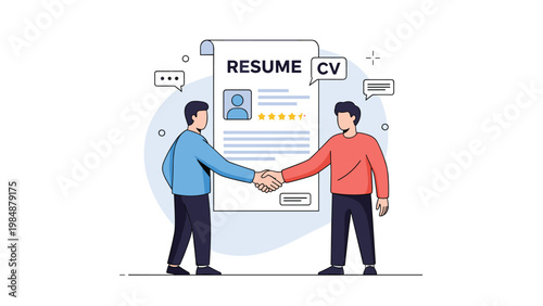 Professional resume or curriculum vitae document with two individuals shaking hands to symbolize a successful job interview and hiring.