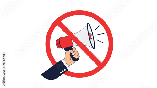 Red prohibition sign over a hand holding a megaphone symbolizing a request for silence, no shouting, or noise restriction in a public area.